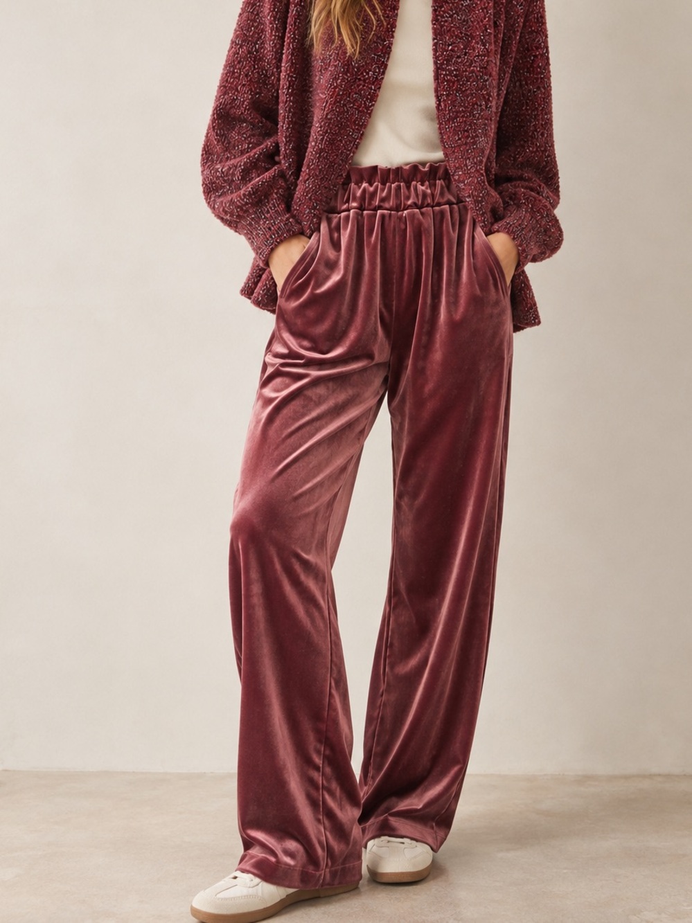 Treasure Bond Burgandy Velvet Pull On Paper Bag Waist Wide Leg Pants Sz Small